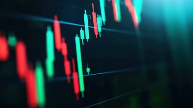 Stock market chart with red and green candlestick patterns showing financial data trends and market fluctuations digital display, conveying dynamic investment activity and analysis, market trend
