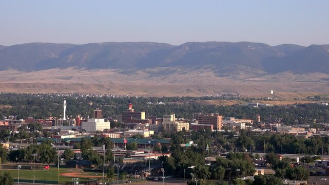 Zoom in on Casper Wyoming skyline and Casper Mountain.