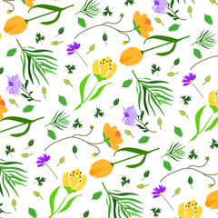 Pattern fiori di campo misti, gialli e viola
