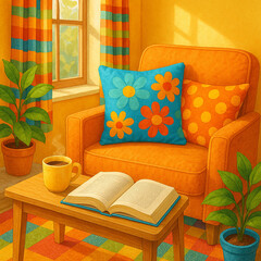  
Cozy reading corner with colorful pillows