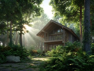 A wooden cabin with a balcony surrounded by trees and ferns with sun rays shining through the forest