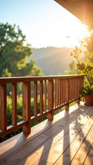 Fototapeta premium Serene Sunrise View from Wooden Deck Balcony.