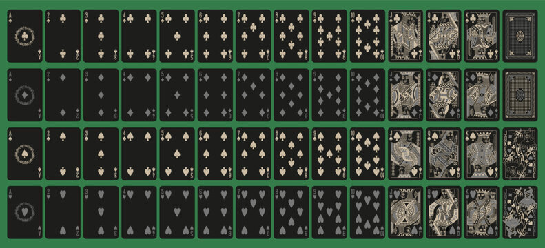 Silver Grey and black Poker playing printable vector Cards for gambling, 52 cards deck. Silhouette a portrait of the King, Queen, Jack and Joker and 4 suits spades, hearts, diamonds, clubs.