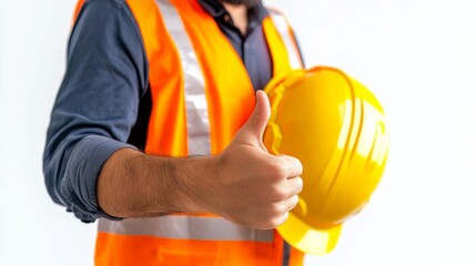 Construction Worker with Thumbs Up: Close-up of construction worker in safety vest holding hard hat, gives a thumbs-up of reassurance