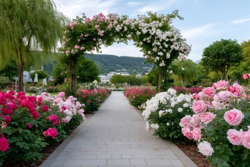 Naklejka premium Rose arch covering paved path in idyllic rose garden