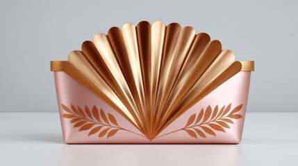 Pink and gold container showcasing golden fan and leaf decorations