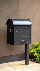 Modern Black Mailbox on a Brown Wall Exterior.