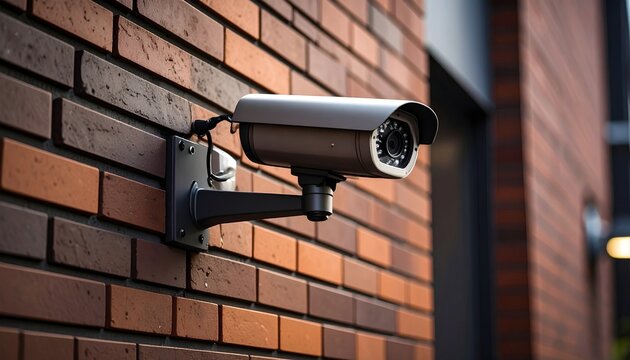 Security Camera Mounted on Brick Wall Exterior Surveillance System.
