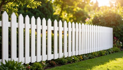 White Picket Fence in Sunny Garden Peaceful Backyard Scene.