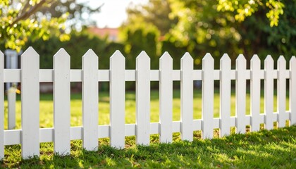 White picket fence in a sunny green garden idyllic suburban scene.