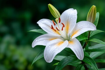 Obraz premium White lily flower with water drops blooming in the garden