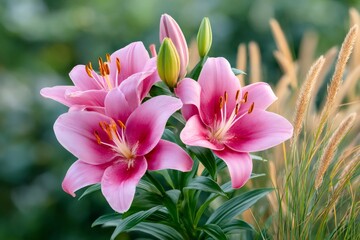 Fototapeta premium Pink lily flowers blooming in spring garden with blurred background