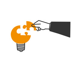 person hand trying to solve puzzle bulb in doodle icon