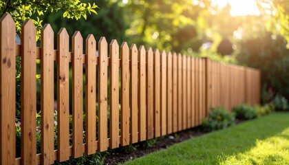Fototapeta premium Warm Sunlight on a Rustic Wooden Fence in a Lush Green Garden.