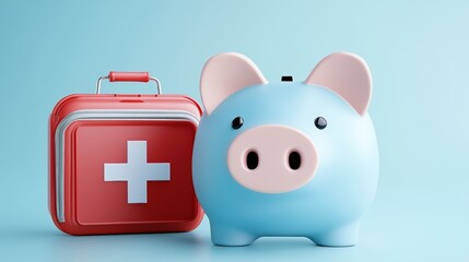 A blue piggy bank and a red first aid kit with a white cross on a blue background, symbolizing financial health and emergency savings.