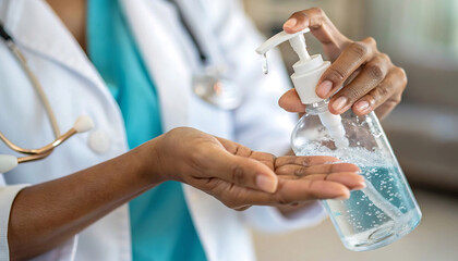 Healthcare Worker Using Hand Sanitizer in Clean Hospital Environment