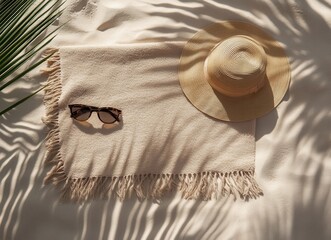 summer towel straw hat sunglasses on sand with palm shadow