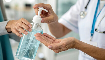 Healthcare Worker Using Hand Sanitizer in Clean Hospital Environment