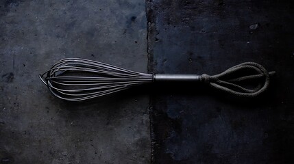 Kitchen whisk and rope on a dark surface.