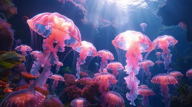 Very realistic and glowing deep sea coral reef with jellyfish