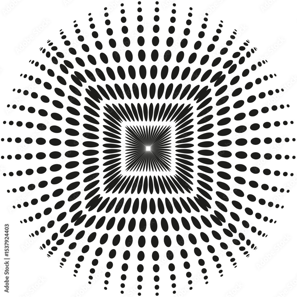 Poster dot burst circle. center square focus. vector radiating pattern. monochrome abstract shape.