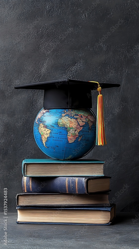 Poster globe topped with graduation cap on stack of books against a textured gray background