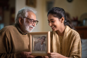 elderly Indian father handing a framed graduation photo to his daughter