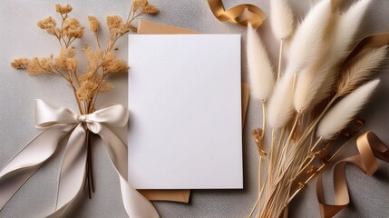 A minimalist wedding invitation mockup, flat lay with dried flowers, and silk ribbon