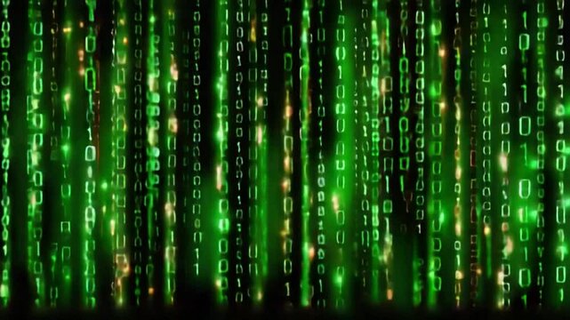 Digital Rain: Abstract Green Binary Code cascading down in a mesmerizing digital rain effect. Glowing particles enhance the visual appeal. 