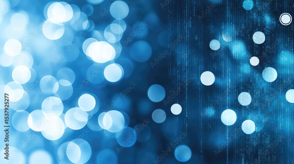 Poster abstract blue bokeh lights blend with digital code, creating futuristic, innovative, and dreamy tech