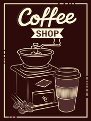 Vintage-style vector illustration featuring a coffee shop theme with a classic coffee grinder, takeaway cup, and coffee beans. Ideal for cafes and retro-themed designs.