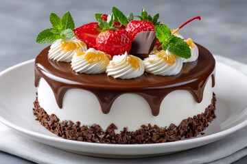 Delicious homemade cake decorated with chocolate, cream, strawberries and mint