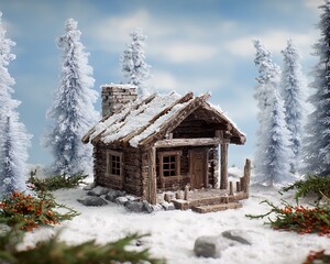 A miniature log cabin with snow on the roof surrounded by snow covered trees and berry bushes