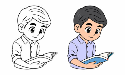 Fototapeta premium Cute boy reading book coloring page for kids