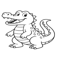 A friendly crocodile with a wide, open-mouthed smile, illustrated in a playful black-and-white cartoon style, perfect for kids' coloring activities.