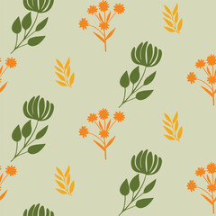 Seamless Floral Pattern with Orange Flowers and Green Leaves on Pastel Background