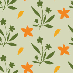 Seamless Floral Pattern with Orange Flowers and Green Leaves on Pastel Background