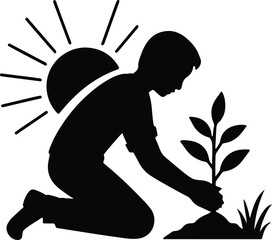 Silhouette boy plants tree seedling with sun vector illustration