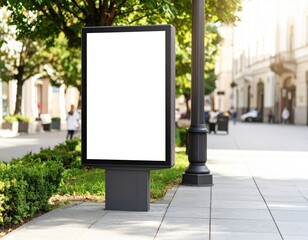 Blank Billboard on City Sidewalk with Lush Greenery and Distant Buildings