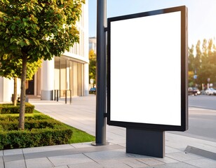 Blank Billboard on City Sidewalk with Modern Building and Trees in Sunlight