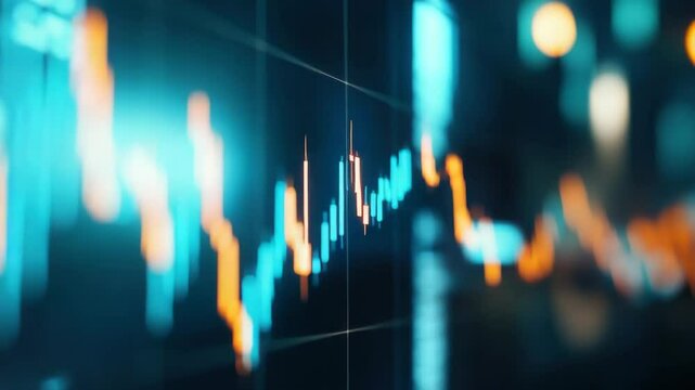 Financial chart glowing blue candlestick pattern market trend data analysis dynamic vibrant futuristic abstract patterns showing insightful market trend analysis
