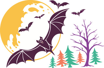 Full Moon and Flying Bats Silhouette Art. Halloween Night with Bats and Moon Scene. Spooky Moon and Bat Shadow Illustration. Flying Bats Over Full Moon Halloween Design. Haunted Night Sky with Bats