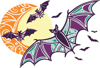 Full Moon and Flying Bats Silhouette Art. Halloween Night with Bats and Moon Scene. Spooky Moon and Bat Shadow Illustration. Flying Bats Over Full Moon Halloween Design. Haunted Night Sky with Bats