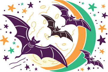 Obraz premium Full Moon and Flying Bats Silhouette Art. Halloween Night with Bats and Moon Scene. Spooky Moon and Bat Shadow Illustration. Flying Bats Over Full Moon Halloween Design. Haunted Night Sky with Bats