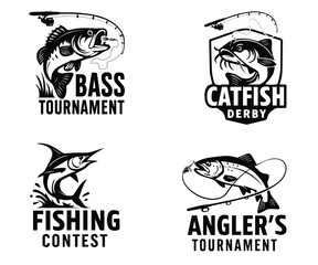 black and white fishing logo vector illustration, silhouette of fish logo vector art