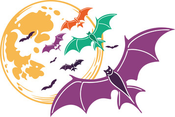 Full Moon and Flying Bats Silhouette Art. Halloween Night with Bats and Moon Scene. Spooky Moon and Bat Shadow Illustration. Flying Bats Over Full Moon Halloween Design. Haunted Night Sky with Bats