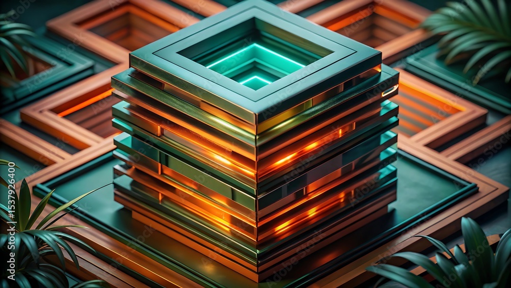 Aufkleber stacked tech chip blocks in a futuristic tropical setting, glowing with high-tech lines and layered 