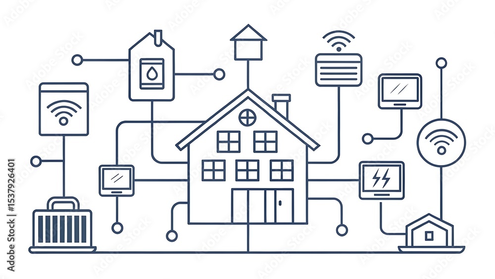 Poster smart home automation line illustration showing interconnected devices and wireless network system w