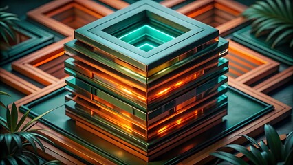 Stacked tech chip blocks in a futuristic tropical setting, glowing with high-tech lines and layered energy.