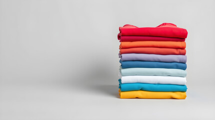 Stack of colorful folded clothes forming a rainbow on grey background
